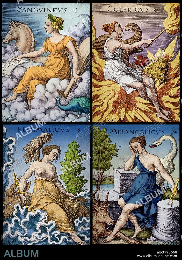 The Four Humors. Humorism was an ancient theory of medicine that held that an excess or deficiency of any of four distinct bodily fluids, or 'humors', directly influences a person's temperament and health. From Hippocrates onward, the humoral theory was adopted by Greek, Roman and Persian physicians, and became the most commonly held view of the human body among European physicians until the advent of modern medical research in the nineteenth century. The four humors are black bile, yellow bile, phlegm, and blood. Each corresponds to one of the traditional four temperaments or personality types: sanguine (pleasure-seeking and sociable), choleric (ambitious and leader-like), melancholic (analytical and literal), and phlegmatic (relaxed and thoughtful). Engraving by Virgilius Solis, the Elder, 16th century. This image has been color-enhanced.