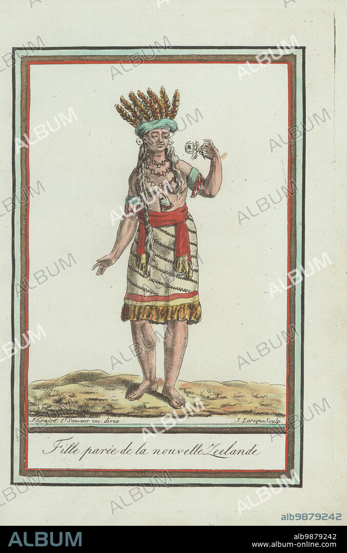 Maori girl in her finery, New Zealand. With feather headdress, flowers in her long hair, bone necklaces, armlets, striped woven grass skirt, holding a rose. Fille paree de la Nouvelle Zeelande. Handcoloured copperplate engraving by J. Laroque after a design by Jacques Grasset de Saint-Sauveur from his Encyclopedie des voyages, Encyclopedia of Voyages, Bordeaux, France, 1792.