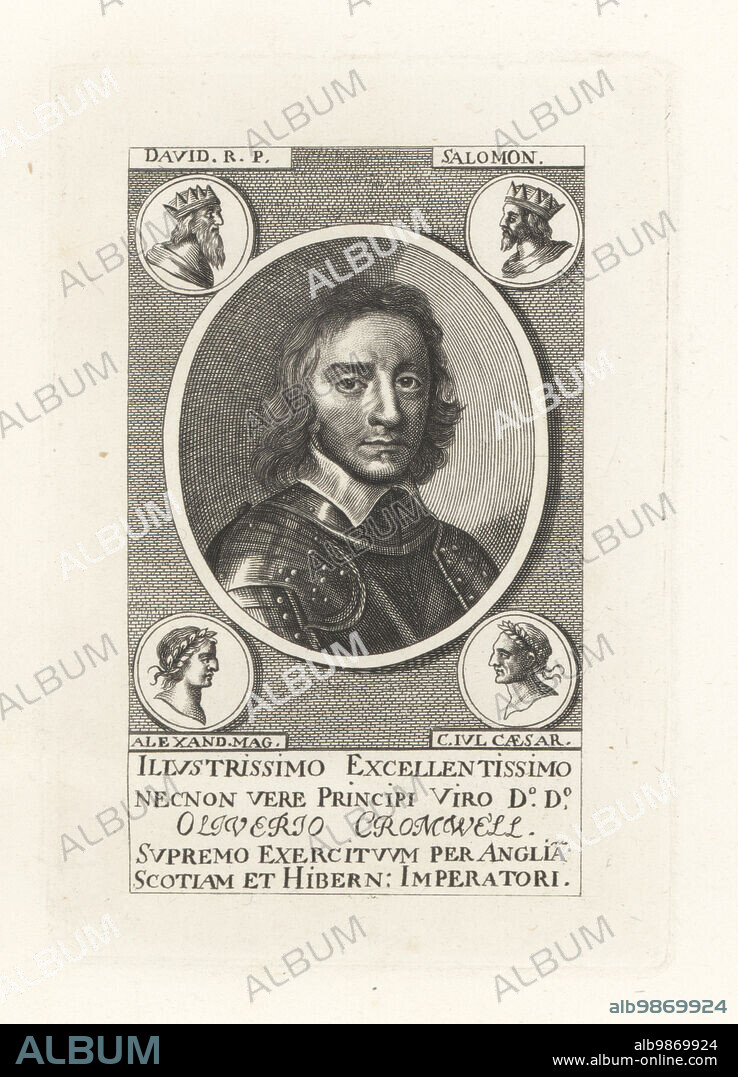 Oval portrait of Oliver Cromwell, 1599-1658, parliamentary leader in the English Civil War, Lord Protector. In armour, surrounded by medallions of King David, Solomon, Alexander the Great and Julius Caesar. Inscribed Illustrissimo Excellentissimo necnon vere Principi Viro DD Oliverio Cromwell. After the frontispiece to Lamberton's Aphorismi, 1654. Copperplate engraving from Samuel Woodburns Gallery of Rare Portraits Consisting of Original Plates, George Jones, 102 St Martins Lane, London, 1816.