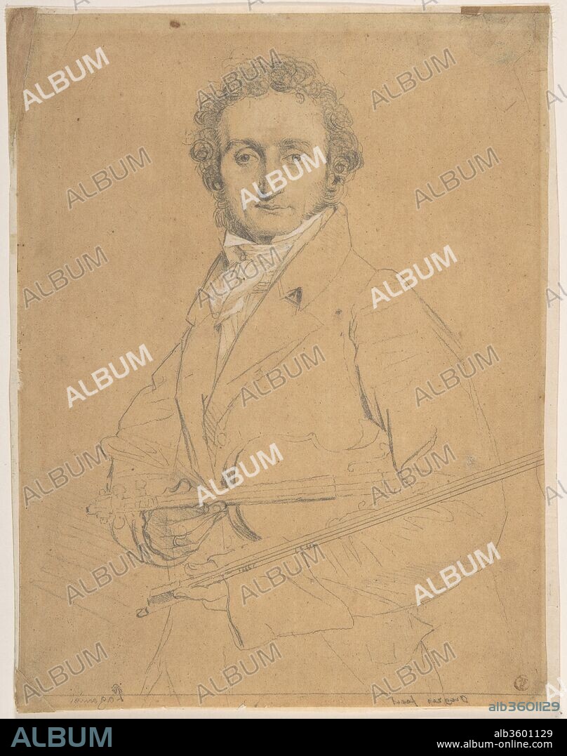 Nicolo Paganini (1784-1840). Artist: Jean Auguste Dominique Ingres (French, Montauban 1780-1867 Paris). Dimensions: 9 7/16 x 7 5/16 in.  (24 x 18.5 cm). Date: between 1818-31.
Ingres was himself an accomplished violinist, and met and befriended Paganini by playing second violin in a performance with him. Ingres apparently drew three portraits of Paganini. This embellished counterproof is said to have been made for the engraver Calamatta.