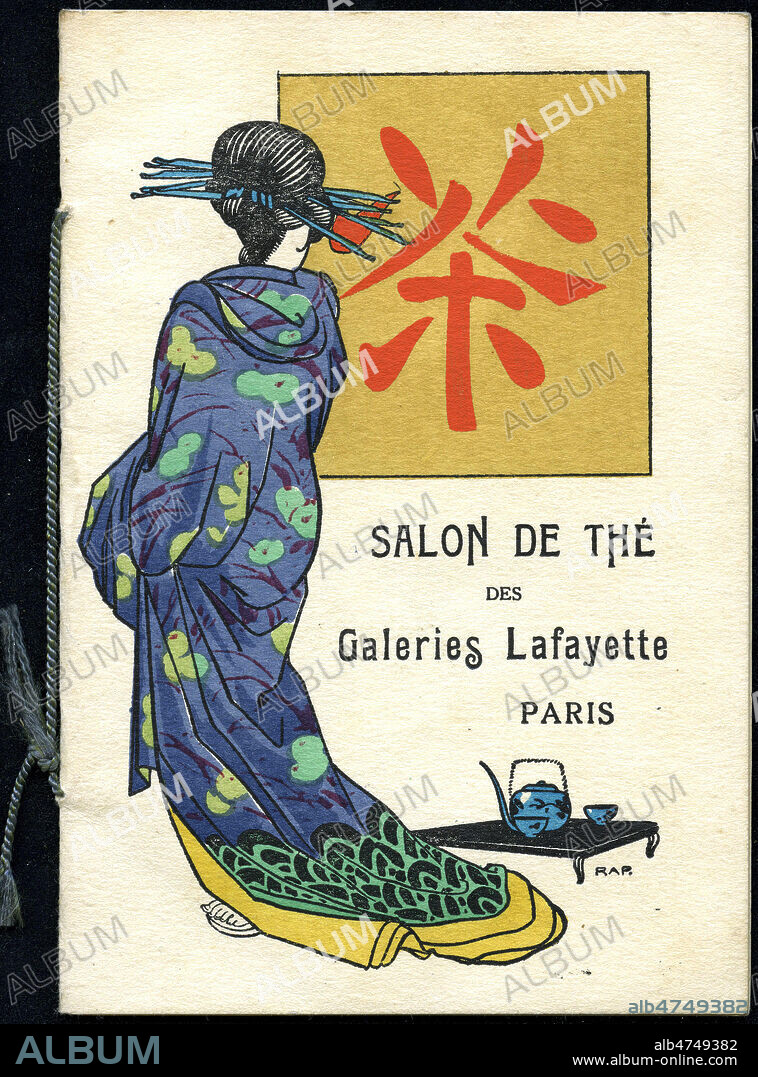 Femme en kimono devant caratere japonais. 'Salon de the des Galeries Lafayette'. Brochure publicitaire illustree par RAP, vers 1910 1920. Credit : Collection IM/KHARBINE-TAPABOR.