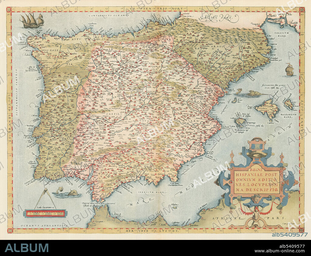 Hispania. Spanien. Spain. Theatrum Orbis Terrarum (Theatre of the World) is considered to be the first true modern atlas. Written by Abraham Ortelius and originally printed on May 20, 1570, in Antwerp, it consisted of a collection of uniform map sheets and sustaining text bound to form a book for which copper printing plates were specifically engraved. The Ortelius atlas is sometimes referred to as the summary of 16th cartography and the first time that the entirety of Western European knowledge of the world was brought together in one book. Most of the maps were admittedly reproductions, and many discrepancies of delineation or nomenclature occur. From its original 70 maps and 87 bibliographic references in the first edition (1570), the atlas grew through its 31 editions to encompass 183 references and 167 maps in 1612.