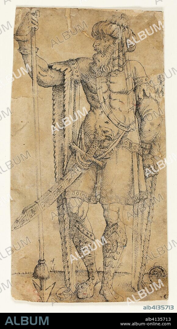 Sultan in Armor. Possibly Marten van Heemskerck (Netherlandish, 1498-1574); or possibly Melchior Lorichs (Danish, 1527-c. 1588). Date: 1500-1599. Dimensions: 153 x 82 mm. Pen and black ink on tan laid paper, laid down on ivory laid paper. Origin: Germany.