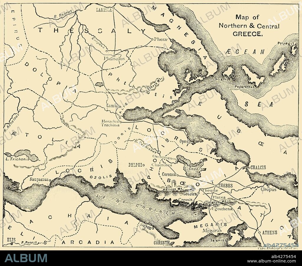 'Map of Northern & Central Greece', 1890. Thessaly, traditional region of Ancient Greece during the Mycenaean period, the Persians invaded Thessaly in 480 BC.  From "Cassell's Illustrated Universal History, Vol. I - Early and Greek History", by Edmund Ollier. [Cassell and Company, Limited, London, Paris and Melbourne, 1890].