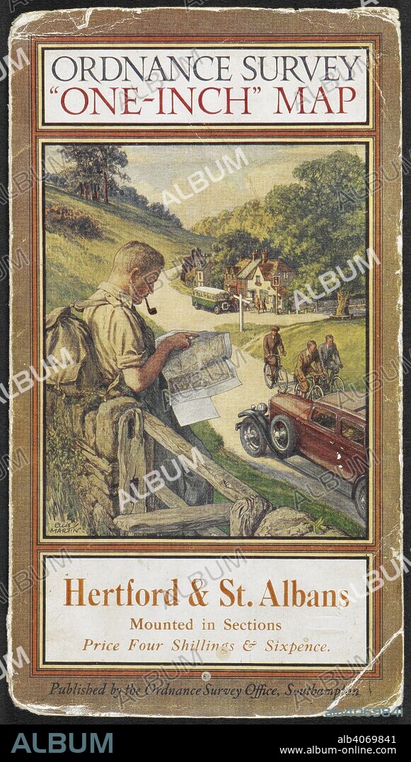 Cover of Hertford & St. Albans tourist map, showing a rambler reading a map. Hertford & St. Albans: tourist map. Southampton Ordnance Survey, 1931. Source: Maps.209.d.3.(43), cover. Language: English.