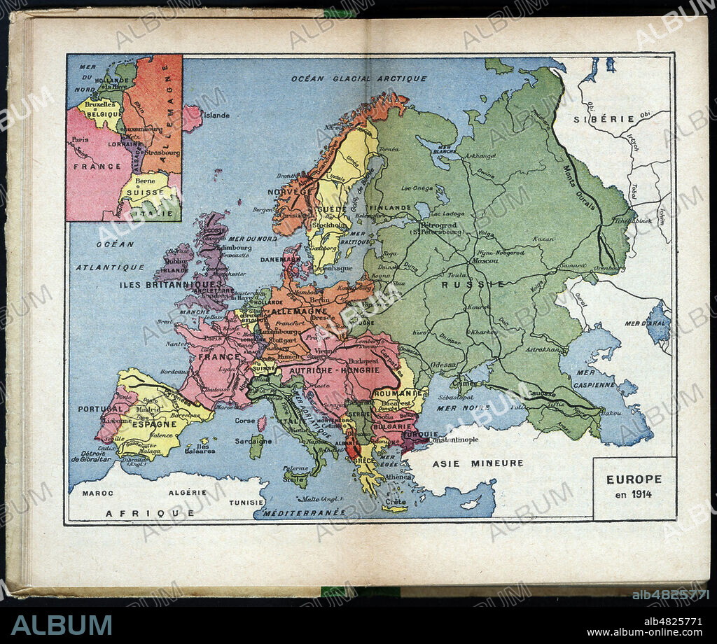 Europe en 1914. Carte geographique tiree du manuel scolaire Tour de l'Europe pendant la guerre par G. Bruno (Augustine FEUILLEE (1833-1923). Edition de 1916. Credit: Coll. Jonas/Kharbine Tapabor.