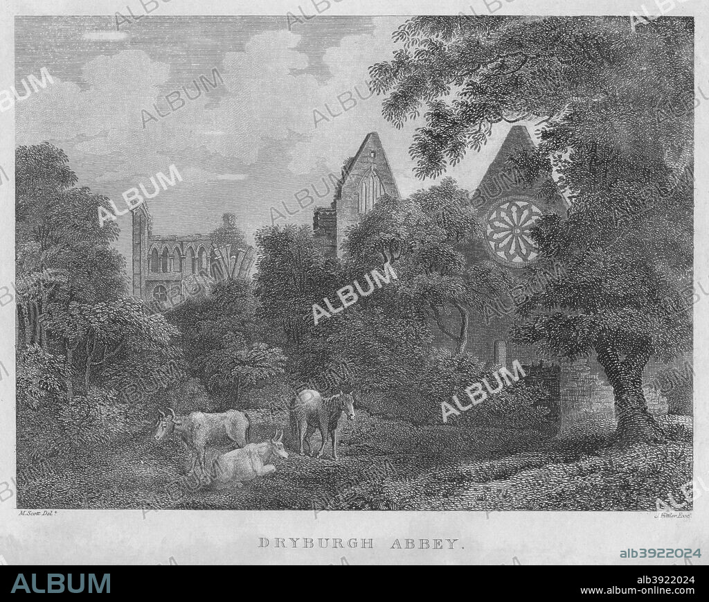 'Dryburgh Abbey', 1804. After M. Scott. From Scotia Depicta; or, the Antiquities, Castles, Public Buildings, Noblemen and Gentlemen's Seats, Cities, Towns, and Picturesque Scenery of Scotland, by James Fittler. [T. Bensley, London, 1804].