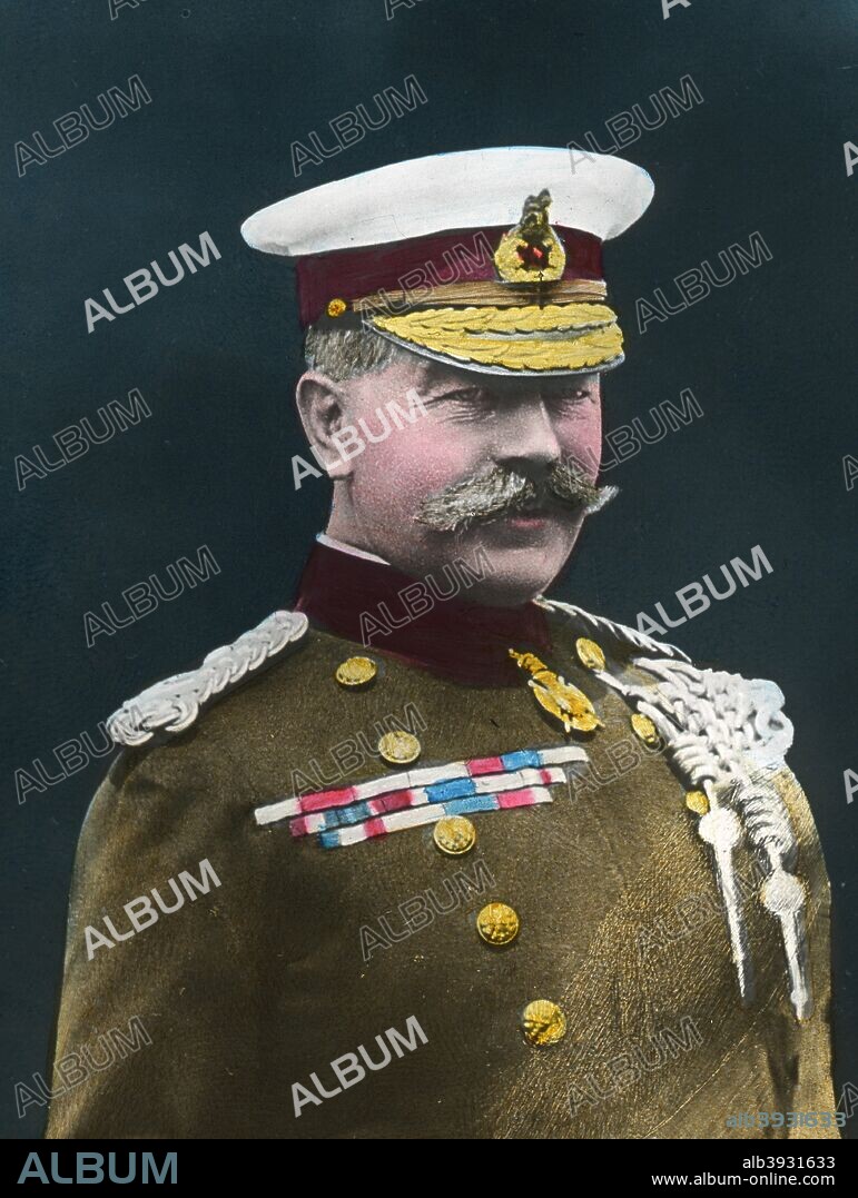 Herbert Kitchener, 1st Earl Kitchener, British soldier, early 20th century. Lord Kitchener (1850-1916) regained the Sudan for Egypt by his victory at the Battle of Omdurman (1898). He was commander of British forces during the Boer War (1899-1902) and served as War Minister from 1914 to 1916. His portrait was used on a famous World War I army recruitment poster. Kitchener drowned when HMS 'Hampshire', carrying him to Russia, was sunk by a German mine in the North Atlantic in 1916. Lantern slide.