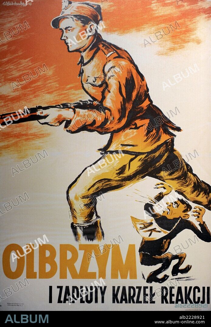 Polish postwar communist propaganda poster showing soldier of communist Armia Ludowa resistance and soldier of Armia Krajowa. Made by Wlodzimierz Zakrzewski. Poland. Krakow. Gestapo Museum.