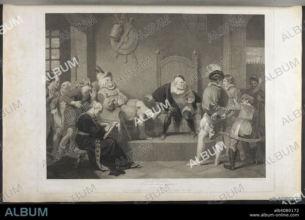 WILLIAM SHAKESPEARE. Much Ado About Nothing.  Act IV, Scene II   'A PRISON. Dogberry, Verges, Boracchio, Conrade, the Town Clerk, and Sexton.'   . A Collection of Prints, from pictures painted for the purpose of illustrating the Dramatic Works of Shakspeare, by the Artists of Great Britain. London : J. & J. Boydell, 1803. Source: Tab.599.c vol. II plate 18. Language: English.
