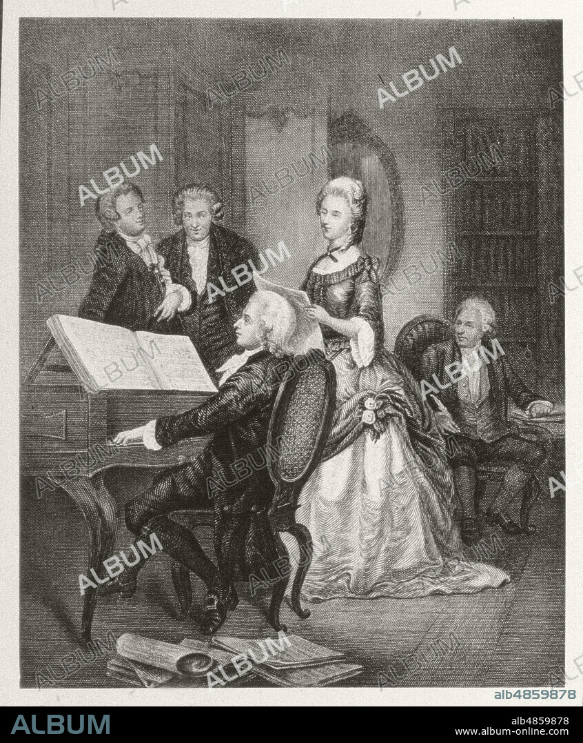 "Wolfgang Amadeus Mozart and the Austrian soprano Caterina Maddalena Giuseppa Cavalieri, born Katharina Magdalena Josepha Cavalier". Engraving.
