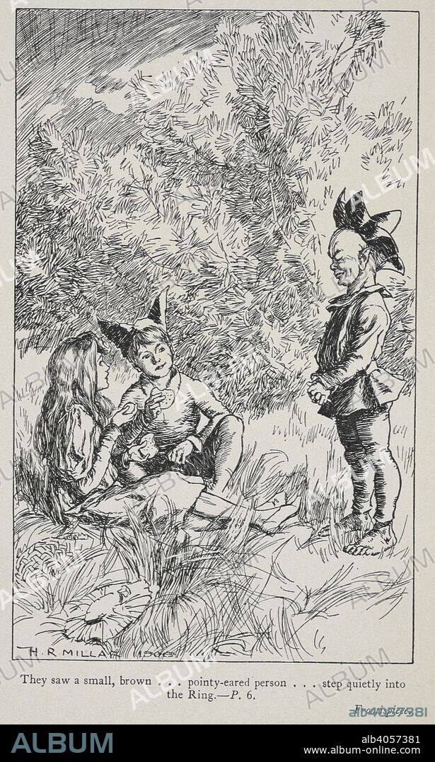 RUDYARD KIPLING and HAROLD ROBERT MILLAR. Puck appears to Una and Dan on Midsummer's eve. Illustration for a story set in the Sussex hills. Puck of Pook's Hill. 1906. Source: File338, frontispiece.