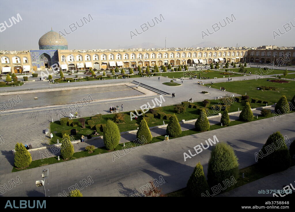 View over the Royal Square, UNESCO World Heritage Site, and the Sheikh Lotf Allah Mosque of Isfahan, Iran, Middle East.