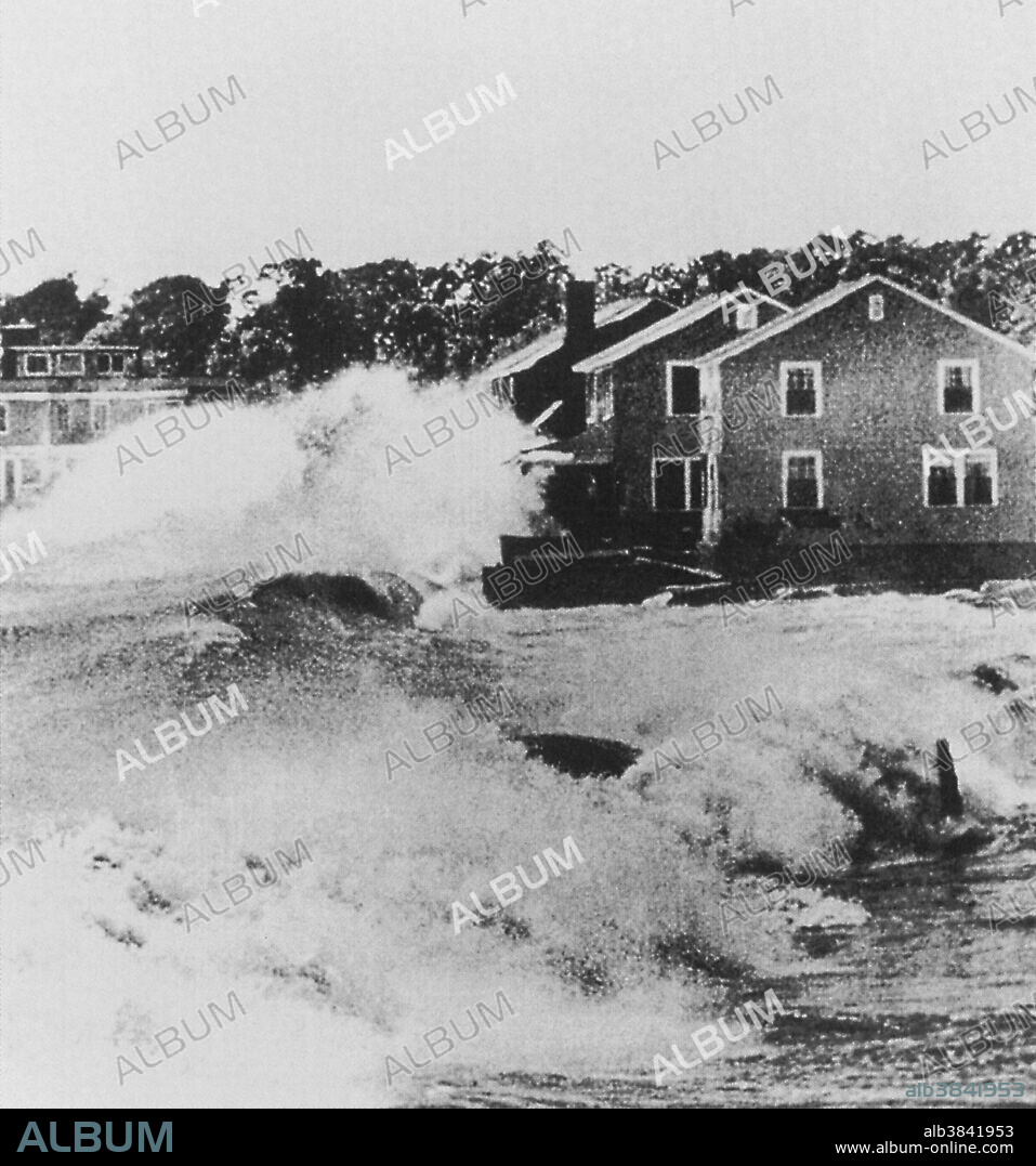 Huge waves batter Old Lyme, Connecticut, during Hurricane Carol. August, 1954.