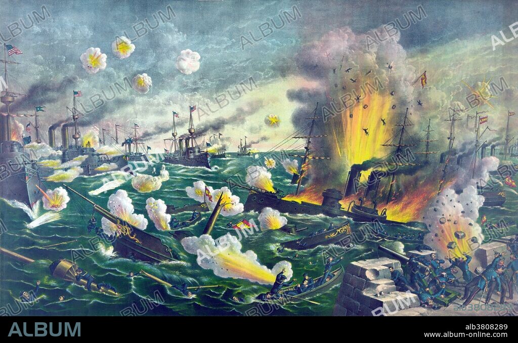 The Battle of Manila Bay took place on May 1, 1898, 5:30 A.M. till 12:50 P.M. (noon) during the Spanish-American War. The American Asiatic Squadron under Commodore George Dewey engaged and destroyed the Spanish Pacific Squadron under Admiral Patricio Montojo. The battle took place in Manila Bay in the Philippines, and was the first major engagement of the Spanish-American War. The battle was one of the most decisive naval battles in history and marked the end of the Spanish colonial period in Philippine history. The Spanish-American War was a conflict in 1898 between Spain and the United States, the result of US intervention in the Cuban War of Independence. Lithograph by Kurz & Allison, 1898.