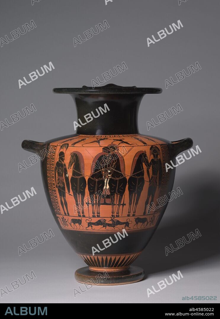 Hydria, c. 520 BC. The styles of the Antimenes Painter and of Psiax were so close that the great vase-painting expert, Sir John Beazley, has referred to them as "brothers." Both were active in the last decades of the 6th century BC when the new red-figure style came to dominate vase production in Athens, but only Psiax produced vases in black- and red - figure. Some figures on this hydria are very close in style to those on the eye kylix (CMA 1976.89) by Psiax. Both artists delighted in intricate detail and curvilinear designs. Shoulder: Theseus slaying the Cretan Minotaur Main panel: Quadriga (four-horse chariot) and warriors Predella: Lions attacking a doe; two stags.