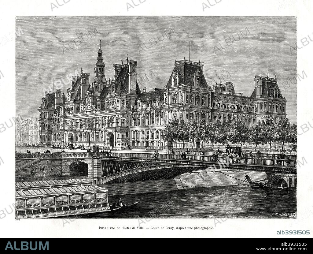 Hotel de Ville, Paris, France, 1886. View of the Town Hall, and in the foreground a boat going under a bridge on the River Seine.