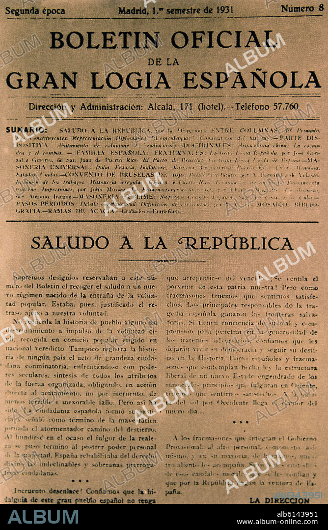 BOLETIN OFICIAL DE LA GRAN LOGIA MASONICA ESPANOLA - 1931.