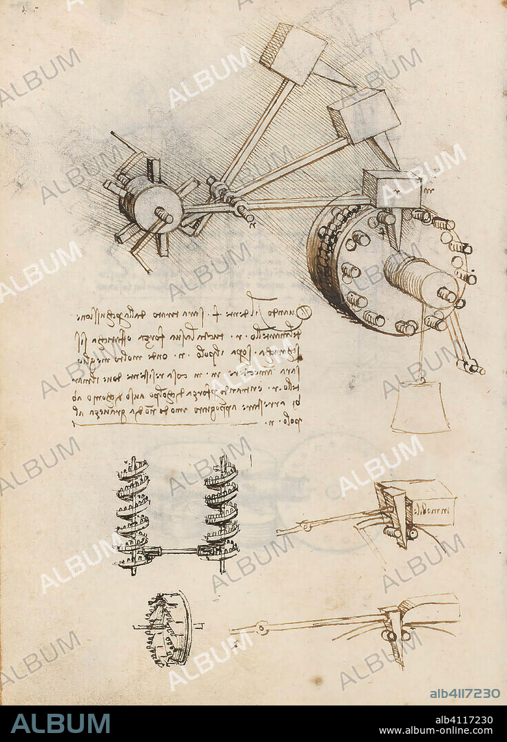 LEONARDO DA VINCI. Folio f 92v. Codex Madrid I (Ms. 8937) "Treaty of statics and mechanics", 192 folios with 384 pages. Internal format: 215 x 145 mm. APPLIED MECHANICS (COMPONENTS). PRINCIPLES OF MECHANICS, CINEMATICS, DYNAMICS.