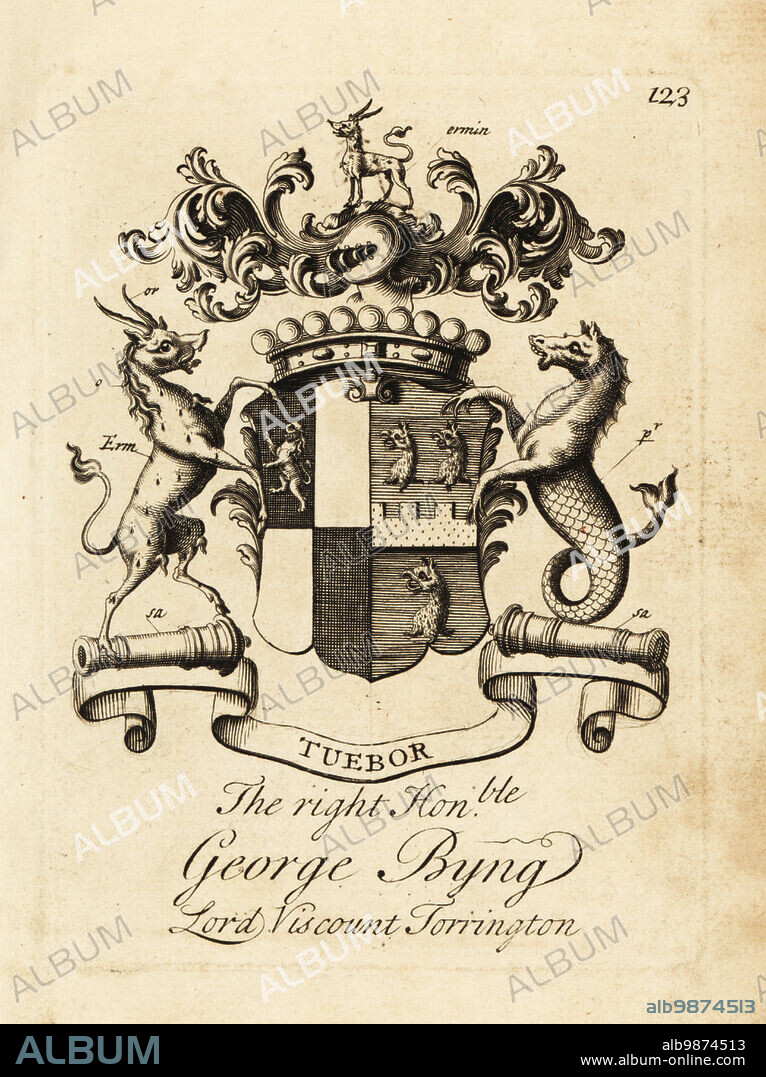 Coat of arms of the Right Honourable George Byng, Lord 1st Viscount Torrington, .1663-1733, of Southill Park. Copperplate engraving by Andrew Johnston after C. Gardiner from Notitia Anglicana, Shewing the Achievements of all the English Nobility, Andrew Johnson, the Strand, London, 1724.