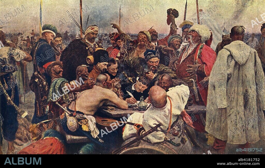 'The Cossacks' Reply to the Sultan (Zaporozhtsy)', c1890, (1939). 'Reply of the Zaporozhian Cossacks to Sultan Mehmed IV of Turkey', also known as 'Cossacks of Saporog Are Drafting a Manifesto', 19th-century imagining of a supposed historical event of 1676, based on the legend of Cossacks sending an apparently rude and insulting reply to an ultimatum from Sultan Mehmed IV of the Ottoman Empire. 'On the right is Taras Bulba (in a white cap), the hero of Gogol's tale of the same name; on the left is Andrei, Taras Bulba's son; almost in the centre sits Ataman (Chief) Serko with a pipe in his mouth'. Ilya Repin (1844-1930) took nearly 20 years to paint the picture, for which Tsar Alexander III paid him 35,000 rubles, at the time the greatest sum ever paid for a Russian painting. In the collection of The State Russian Museum, St Petersburg, Russia. From "The Russian State Museum". [State Art Publishers, Moscow and Leningrad, 1939].