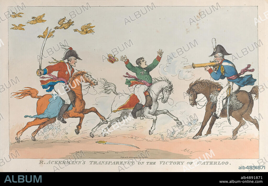 Thomas Rowlandson, R. Ackermann's Transparency on the Victory of Waterloo, Thomas Rowlandson (British, London 17571827 London), Napoléon Bonaparte (French, Ajaccio 17691821 St. Helena), Gebhard Leberecht von Blücher, Arthur Wellesley, 1st Duke of Wellington (British, 17691852), June 1, 1815, Hand-colored etching, Plate: 8 11/16 × 13 5/16 in. (22 × 33.8 cm), Sheet: 9 9/16 × 14 5/16 in. (24.3 × 36.4 cm), Prints.