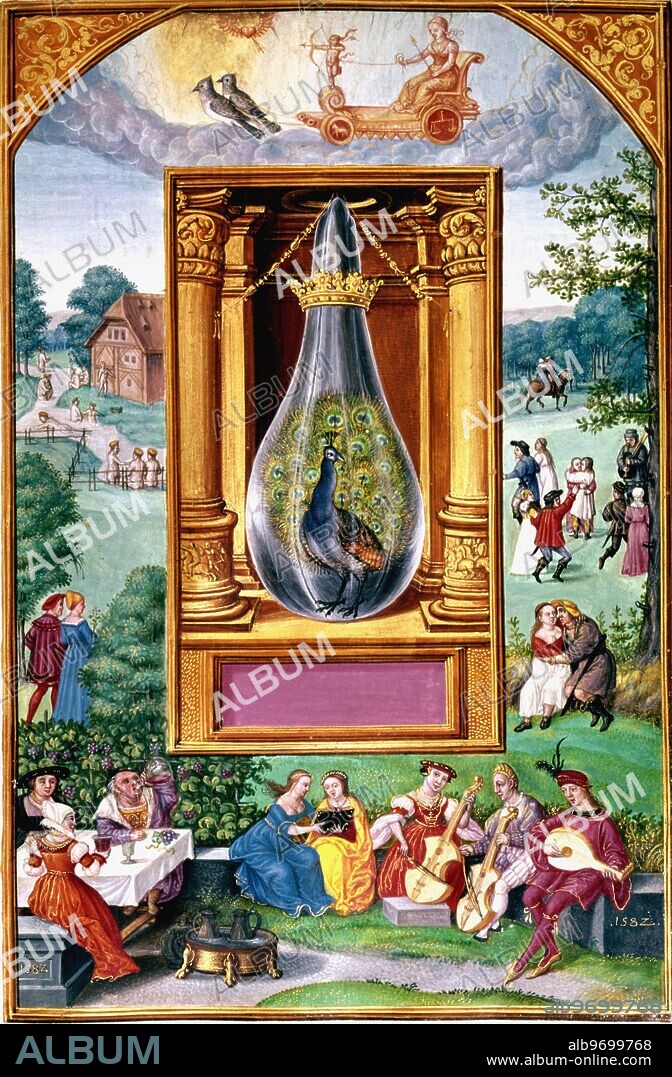 Tudor Depiction of Alchemy - Splendour Solis by Salomon Trismosin 1582 or 89 -. Peacock in a blue flask, musical entertainment, lovers walking - scene from Tractatus Alchymicae Germanick Splendor Solis 1582 or 89. ©TopFoto.