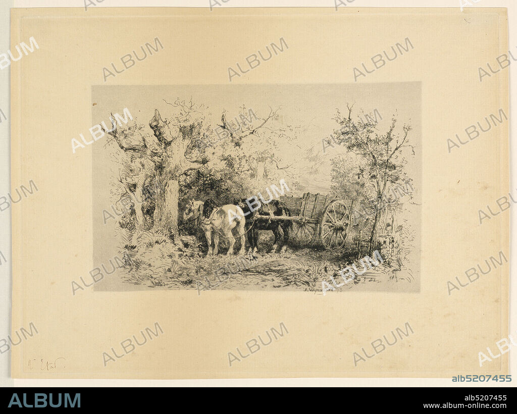 In the Woods, Jules Jacques Veyrassat, French, 1828 - 1893, Etching on paper, Two horses (black and white) with a carriage on a forest road. In side view facing to left. Inscribed, lower right: 'J. Veyrassat 73'., France, 1873, Print, Print.