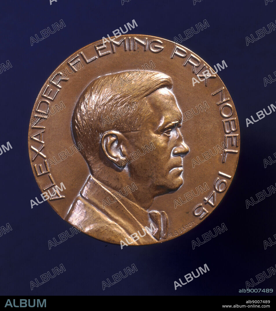Alexander Fleming (1881-1955) Scottish bacteriologist who discovered penicillin in 1928. In 1945 he shared the Nobel Prize for Physiology and Medicine with Howard Florey (1898-1968) and Ernst Chain (1906-1979). Obverse of medal, 1945.