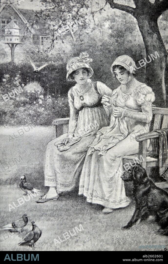 Engraving of Jane Austen and her sister Cassandra doing needlework in the rectory garden. Dated 1810.