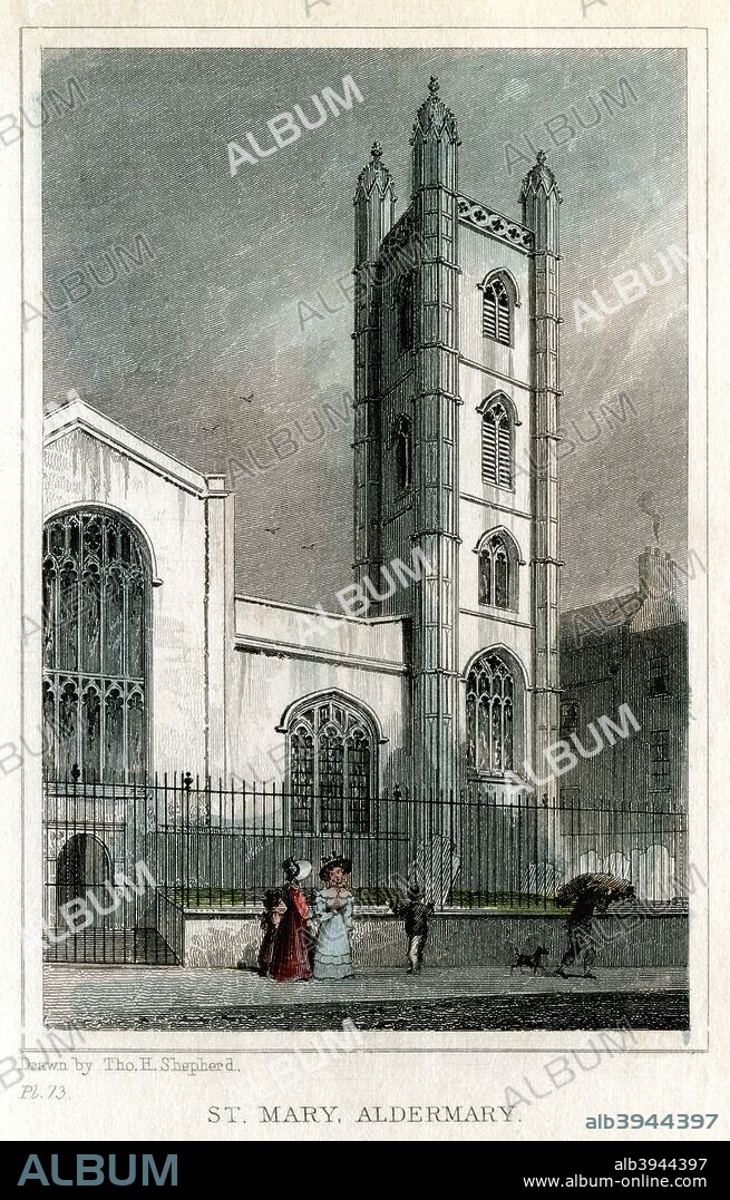Church of St Mary Aldermary, City of London, c1830. This 16th century church was rebuilt by Sir Christopher Wren after being seriously damaged by the Great Fire of London in 1666.