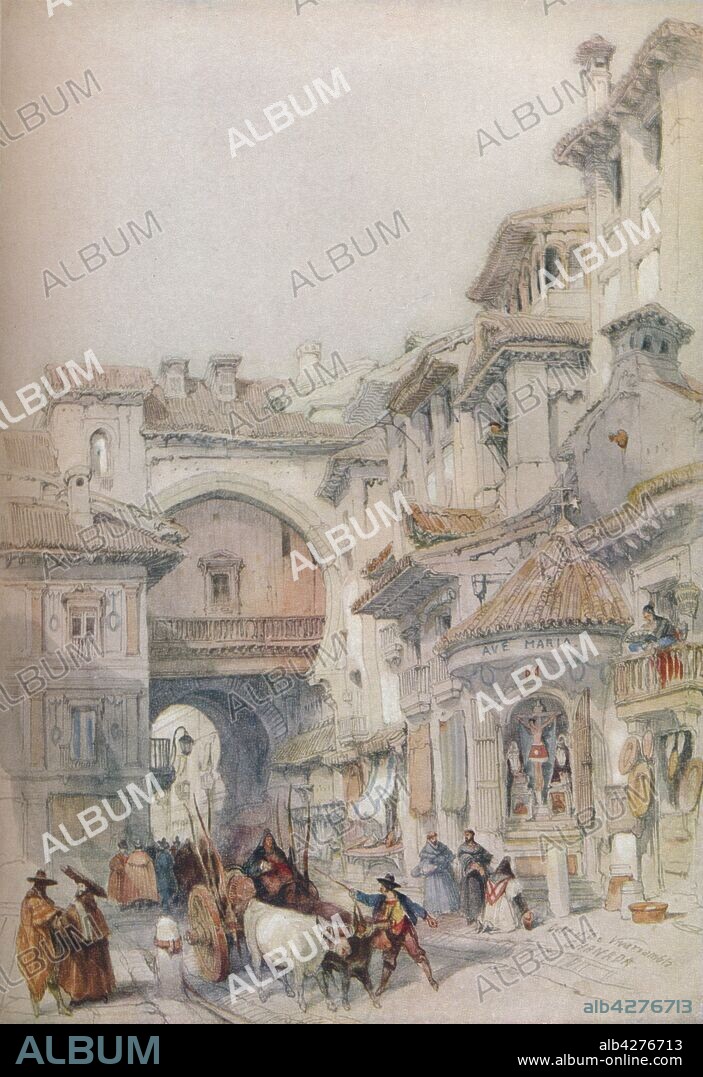 DAVID ROBERTS. 'Gate of the Vivarrambla, Granada', 1830s, (1930). Arc (or Gate) of the Ears, also known as the Bib-Arrambla Gate, in Granada, Andalusia, Spain. Street scene: Moorish architecture and a Christian shrine with crucifixion. From "The Connoisseur", Volume 86, edited by C. Reginald Grundy. [The Connoisseur Ltd, London, 1930].
