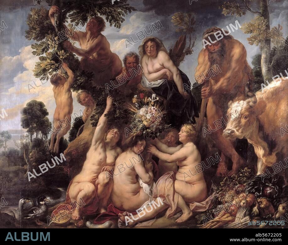 JACOB JORDAENS. Jordaens, Jacob (Jacques), 1593 - 1678, Flemish painter, draughtsman and tapestry designer. "Cornucopia", 1649. (Hercules defeats the river god Achelous, disguised as a bull, and breaks off a horn; the nymphs turn it into a cornucopia). Oil on canvas, 240 × 311 cm. State Museum for Art, Copenhagen, Denmark.