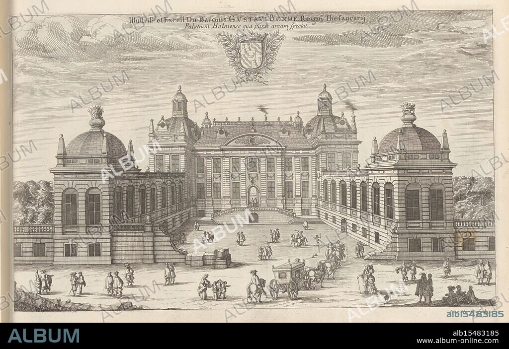 Dahlberg, Erik Jönssen, Marot, Jean (I), Suecia Antiqua et Hodierna, Illustriss: et Excell: Dn. Baronis Gustavi Bonde Regni Thesaurarij Palatium Holmense qua parte aream spectat, Palace of Gustaf Bonde in Stockholm, The print is part of an album., print, album page, prints, height 246 mm, width 375 mm, French, 1619 - 1679-12-15, print maker, printmaker, 1668 - 1668, paper, etching, Swedish, 1625-10-10 - 1703-01-16, supervision.