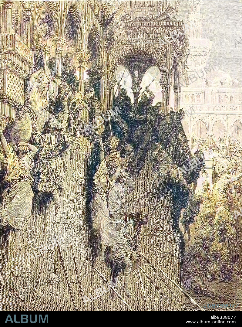 The massacre at the Siege of Antioch took place during the First Crusade in 1097 and 1098 / Das Massaker an der Belagerung von Antiochia fand w§hrend des Ersten Kreuzzugs in den Jahren 1097 und 1098 statt, historisch, historical, digital improved reproduction of an original from the 19th century / digitale Reproduktion einer Originalvorlage aus dem 19. Jahrhundert, Originaldatum nicht bekannt, koloriert, handcoloriert, Koloration.