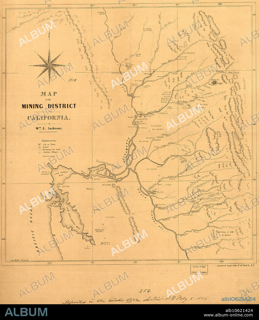 Map of the mining district of California, 1850. The California gold rush of 1849 began with the strikes at Sutter's Mill on the American River near Sacramento. This map produced in 1850 shows the location of the main gold workings in the mining district. The map indicates towns, ranches, Indian villages, old Spanish missions, as well as rivers, roads, the topography of the mountains, geological formations (particularly as they relate to gold), and inlets and bays along the Pacific coast. It focuses on the parts of California east of San Francisco Bay, especially along the rivers in the foothills of the Sierra Nevada Mountains where most of the gold was found. The two main rivers of the region, the Sacramento and the San Joaquin, are shown, along with their main tributaries, which include the American, Calaveras, Tuolumne (marked Touleme on the map), Mariposa, and Mercedes Rivers and many lesser streams. The map is by William A. Jackson, an engineer who was active in mining in the earliest period of the gold rush and who was familiar with the many claims being worked by 49ers.