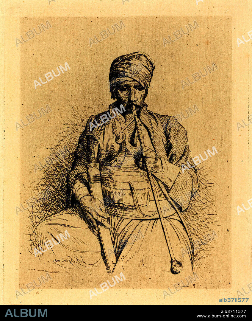JEAN-LEON GEROME. Seated Arab with Pipe. Dated: c. 1864. Dimensions: plate: 12.5 x 9.9 cm (4 15/16 x 3 7/8 in.)  sheet: 26.4 x 17.4 cm (10 3/8 x 6 7/8 in.). Medium: etching on laid paper.
