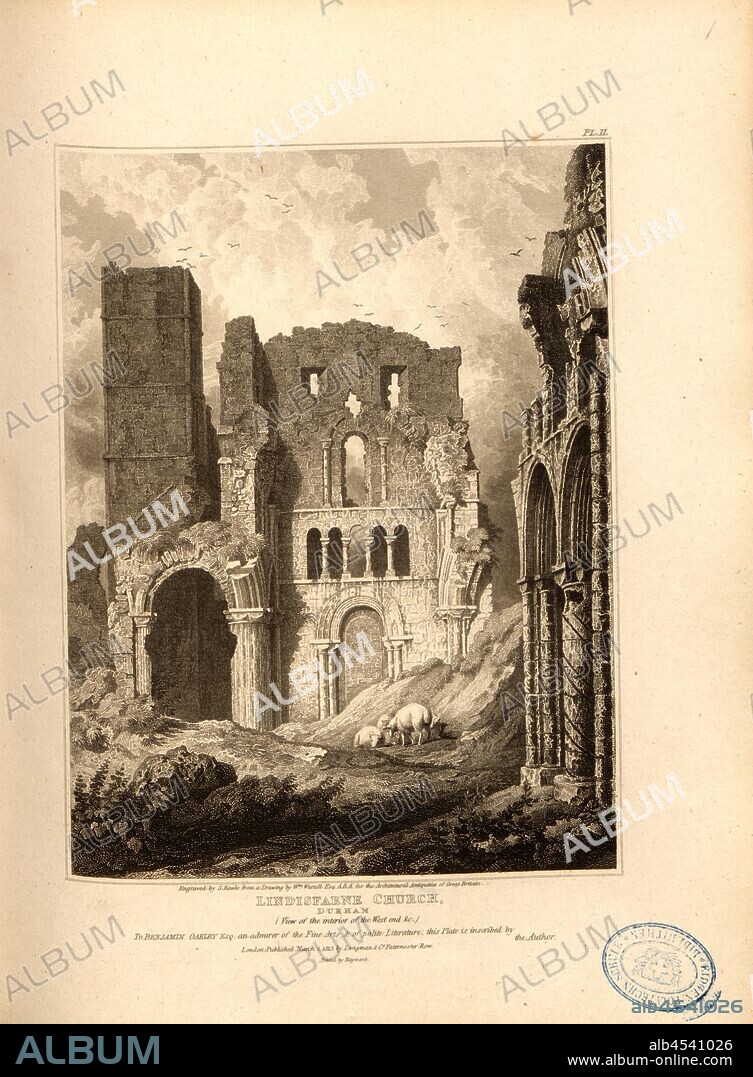 Lindisfarne Church, Durham View of the interior of the West end, Church of the Lindisfarne Monastery in Northumberland, signed Engraved by S. Rawle from a Drawing by W. Westall; Published by Longman & Co, Fig. 23, Pl. II, after p. 80, Westall, William (drawing); Rawle, Samuel (engraving); Longmans & Co. (published), 1813, John Britton: The architectural antiquities of Great Britain: represented and illustrated in a series of views, elevations, plans, sections and details of various ancient English edifices: with historical and descriptive accounts of each. Bd. 4. London: J. Taylor, 1807-1826.