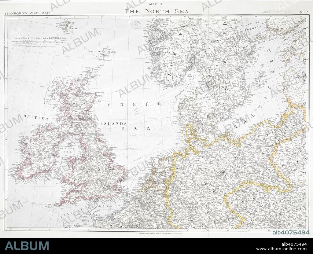 First World War map of the North Sea, 1914. Stanford's War Maps. No. 5. Map of the North Sea. Scale 50,8235 miles - 1 inch, or 1:3,220,177 of nature. London, 12 August 1914. Source: Maps.1035.(90) no.5.