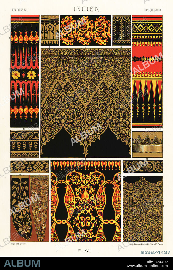 Indian art: paintings and niellos. Bow ornaments 1-4, sheath of a dagger 5,6, sword sheath 7,8, ornament on a weapon 9, bottleneck 10-12, weapon 13 and rim of a jug 14. Indien. Hand-finished chromolithograph by Bauer from Albert-Charles-Auguste Racinets LOrnement Polychrome, (Polychromatic Ornament), Firmin-Didot, Paris, 1869-73.