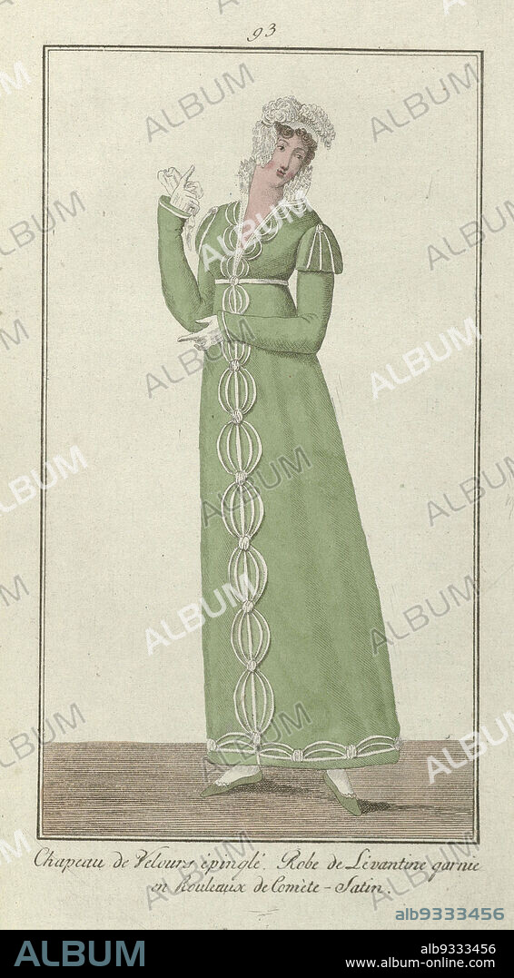 Elegantia, or magazine of fashion, luxury and taste for ladies, November  1809, No. 93: Chapeau de Velours épinglé, According to the accompanying  text (p. 352): gown of - Album alb9333456