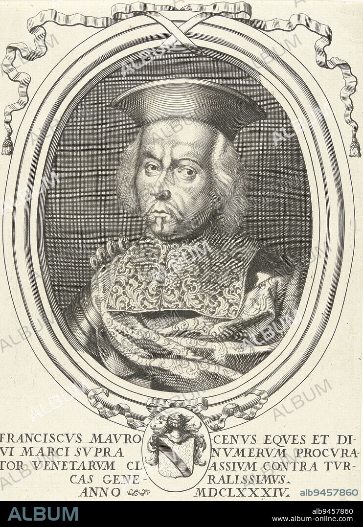 Portrait of Francesco Morosini Franciscvs Mavrocenvs eques generalissimvs anno MDCLXXXIV , print maker: Jacques Blondeau, (mentioned on object), unknown, publisher: Giovanni Giacomo de'Rossi, (mentioned on object), print maker: unknown, publisher: Rome, 1665 - 1698, paper, engraving, h 244 mm × w 179 mm.