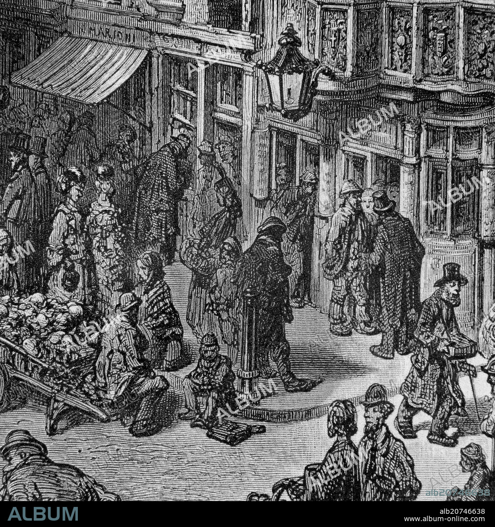 GUSTAVE DORE (1832-1883). GRABADO - POBREZA EN LAS CALLES DE LONDRES HACIA 1870.