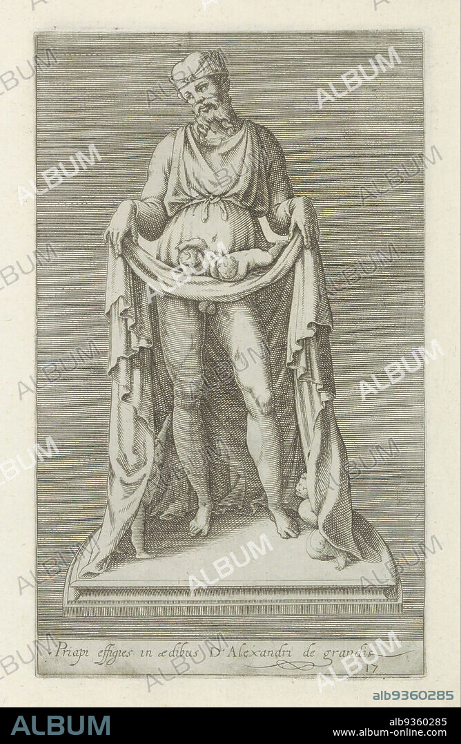 Sculpture of Priapus, Priapi effigies in aedibus d'Alexandri de grandis (title on object), Antique sculptures in Rome (series title), Antiquarum statuarum urbis Romae quae in publicis locis visuntur icones (series title), Caption in Latin. Print is part of an album., print maker: anonymous, publisher: Andrea Vaccari, print maker: Italy, publisher: Rome, 1584, paper, engraving, height 220 mm × width 134 mm.