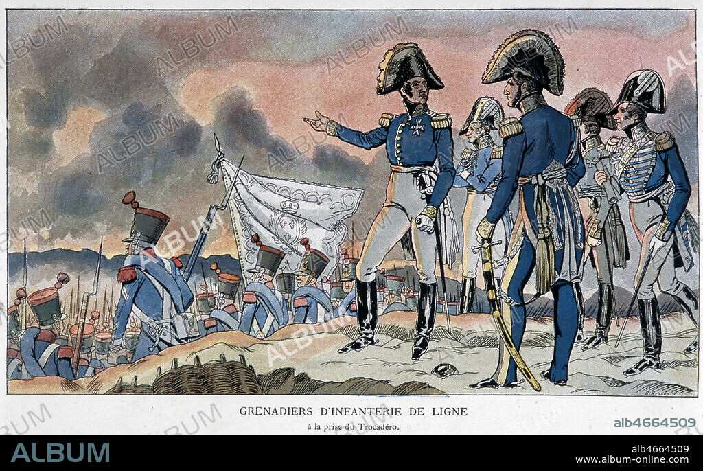 1823 : grenadiers d'infanterie de ligne a la prise du Trocadero. Face a une tentative de soulevement des liberaux en Espagne,le corps expeditionnaire francais intervient au titre de la sainte alliance, leur permettant suite a la prise du fort de Cadix de remettre en place le pouvoir du roi bourbon Ferdinand VII Illustration Caran d'Ache in Nos soldats du siecle, 1889. Credit Collection MA/ Kharbine Tapabor.