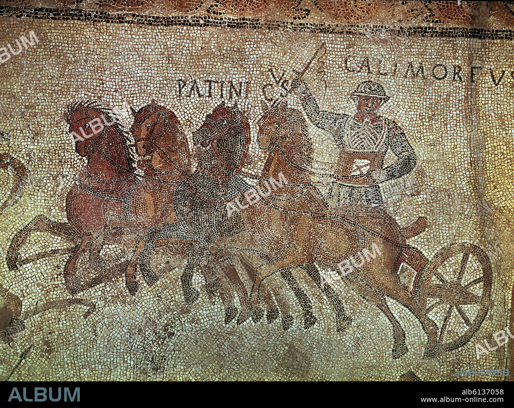 MOSAICO CIRCENSE DE BELL-LLOCH - DETALLE DEL AURIGA CALIMORFUS - ARTE ROMANO EN ESPAÑA.