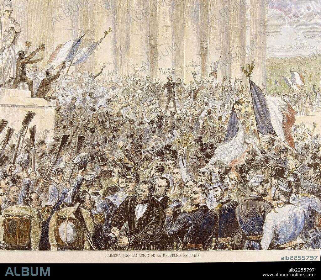 HISTORIA DE FRANCIA. PROCLAMACION DE LA TERCERA REPUBLICA EN PARIS EL 20 DE SEPTIEMBRE DE 1870 , TRAS LA ABDICACION DE NAPOLEON III TRAS CAER PRISIONERO EN LA BATALLA DE SEDAN. GRABADO COLOREADO DE LA ILUSTRACION ESPAÑOLA Y AMERICANA.
