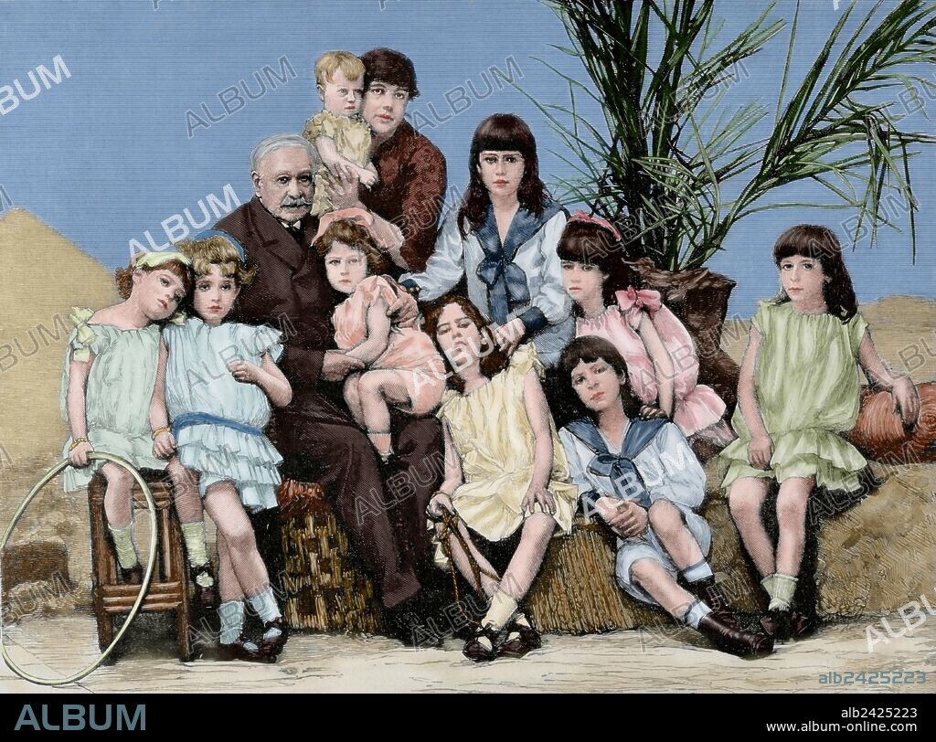 Ferdinand de Lesseps (1805-1894). French diplomat and entrepreneur. Lesseps with his family. Engraving in The Artistic Illustration, 1886. Colored.