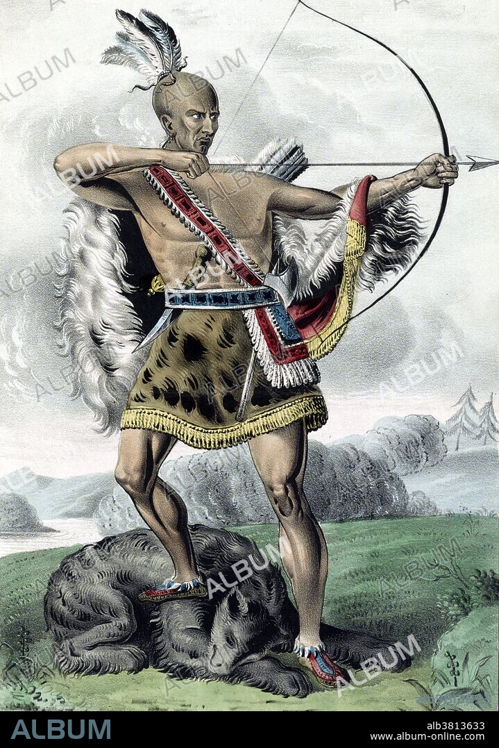 Entitled: "The Indian hunter" showing American Indian standing on dead bear with bow drawn back. Published by Nathaniel Currier, 1845. There were four basic ways for people in ancient societies to find food: hunting and fishing, gathering, farming, and raising domesticated animals. Native Americans did all these things, but the first three were much more common. Every American Indian tribe took part in hunting and fishing to get fresh meat to eat. The Blackfoot and Sioux are two examples of big game hunting tribes. In tribes like these, large groups of Native Americans usually worked together to drive large animals into an ambush, a man-made pit, or over a cliff, sometimes setting controlled fires or building fences to cut off their escape. In other tribes, such as the Chippewa or Creek, each individual Native American hunter would stalk deer, rabbits or other game, or set snares or traps for them. In fishing tribes, Native American fishermen would either catch fish and hunt marine mammals from their canoes, or else set fish nets and wooden traps for them. The Tlingit and Salish are two examples of Northwest Indian tribes who got most of their meat through fishing. Native hunting and fishing weapons varied from tribe to tribe but the most common ones were bows and arrows, spears, harpoons, fish-hooks, and blowguns.