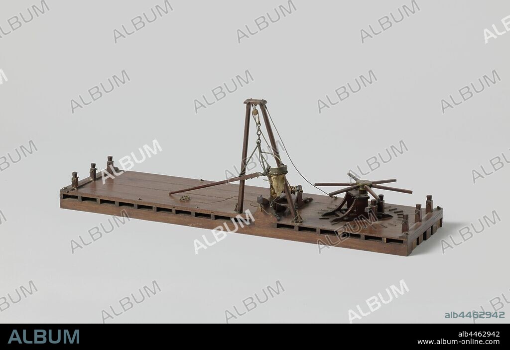 Model of a Dredger, Model of a dredger raft with dredger bracket installation. The bracket with long handle is operated with a winch, the hoist runs through a block on a two-legged goat. A crane beam under the trestle, which probably serves as a lever support. The capstan on the foredeck was used to propel the raft with the anchor, three mooring posts at each end and rings on the deck along the long sides., anonymous, Netherlands, c. 1800, oak (wood), brass (alloy), rope, textile materials, h 25 cm × w 64 cm × d 18 cm.